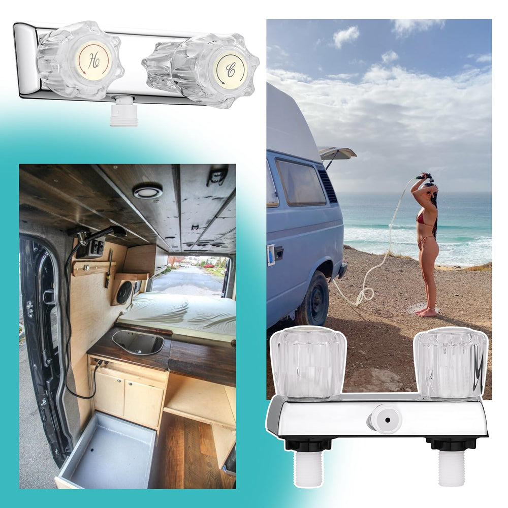 OasisFlow Camper Shower Faucet knob detail shows smooth turning action and precise control.