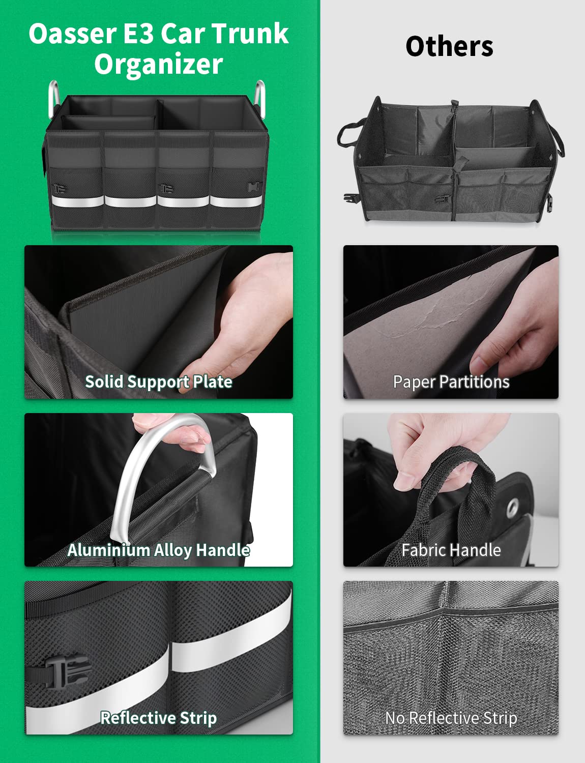 Oasser trunk organizer aluminium handle provides a strong grip for heavy loads