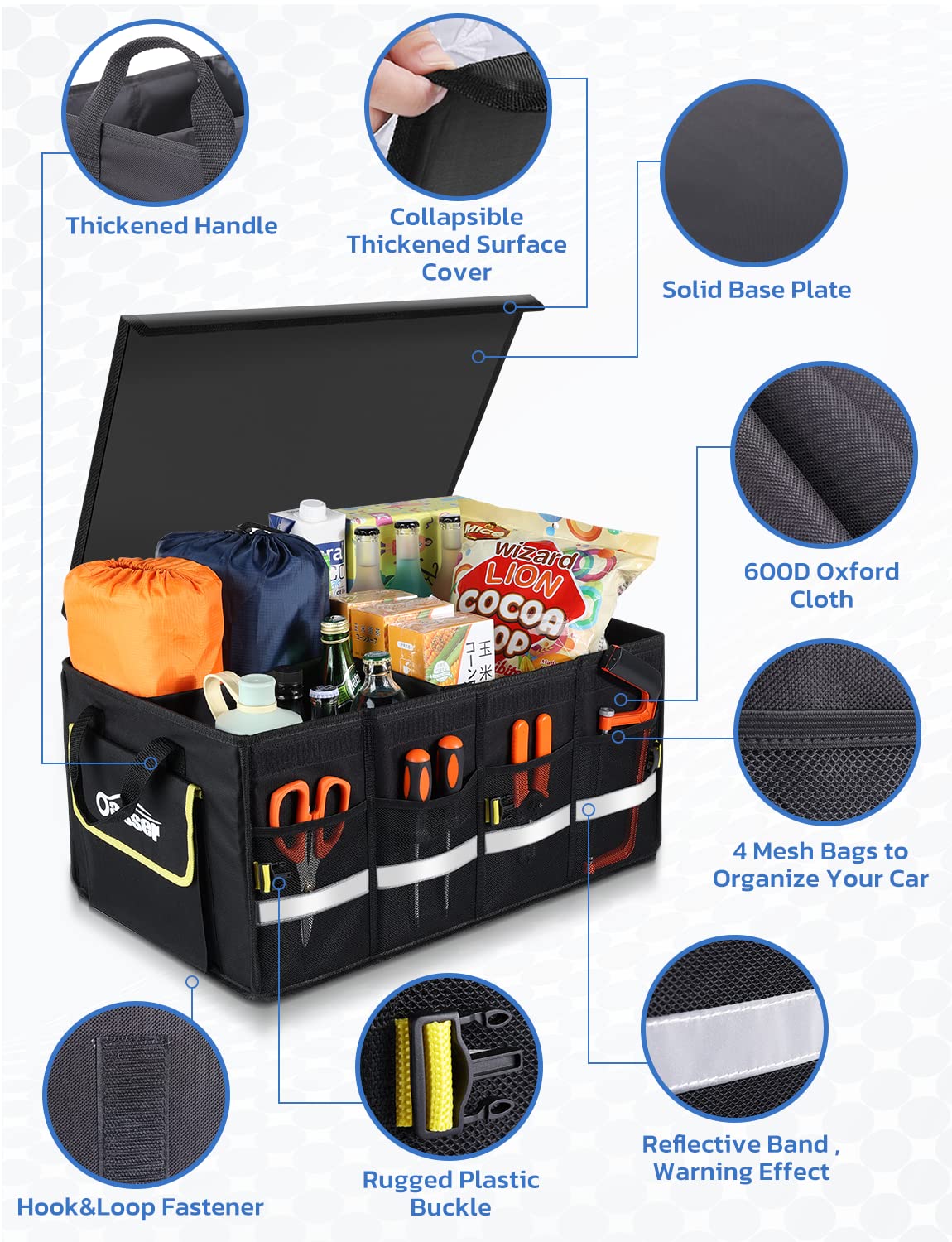 Oasser trunk organizer folded flat for compact under-seat storage.