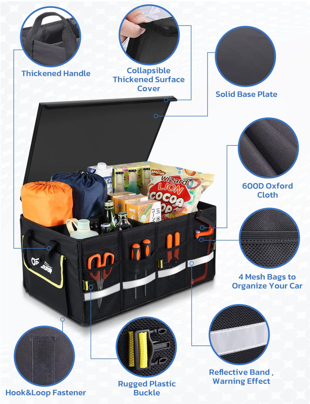 Oasser trunk organizer folded flat for compact under-seat storage.
