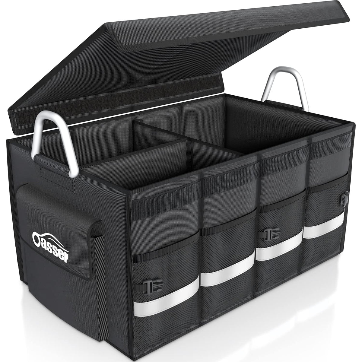 Oasser trunk organizer folded-top view demonstrates sturdy lid for secure storage