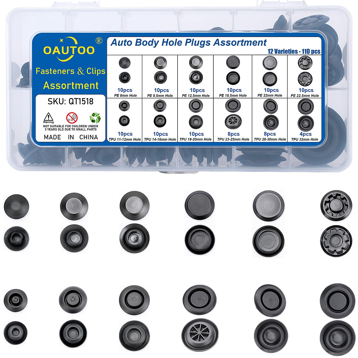 OAUTOO 110pcs auto body hole plugs kit front view for quick replacement and fit checking