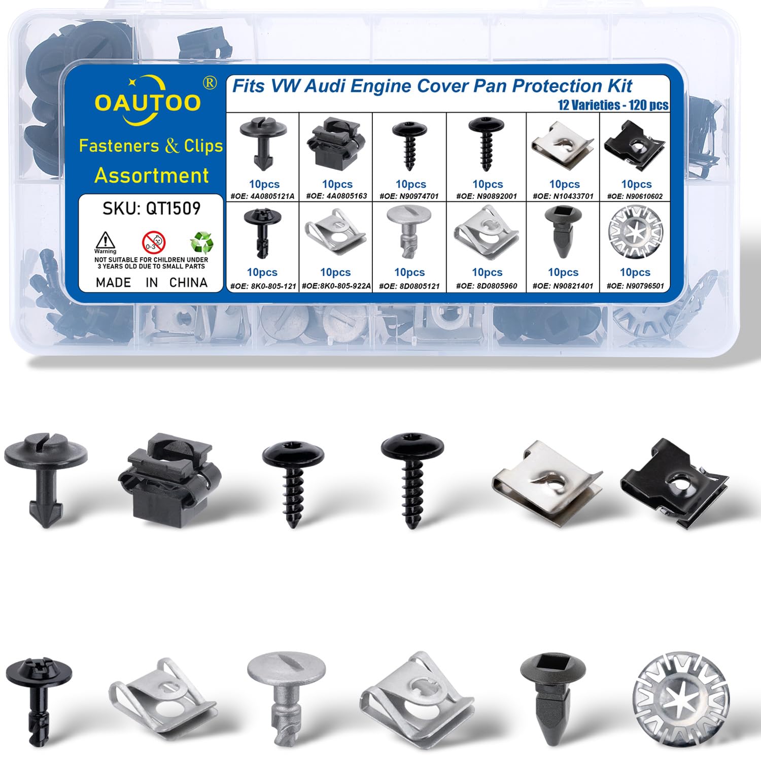 OAUTOO 120pc engine cover fastener kit for Audi, VW, Porsche and Skoda panels.