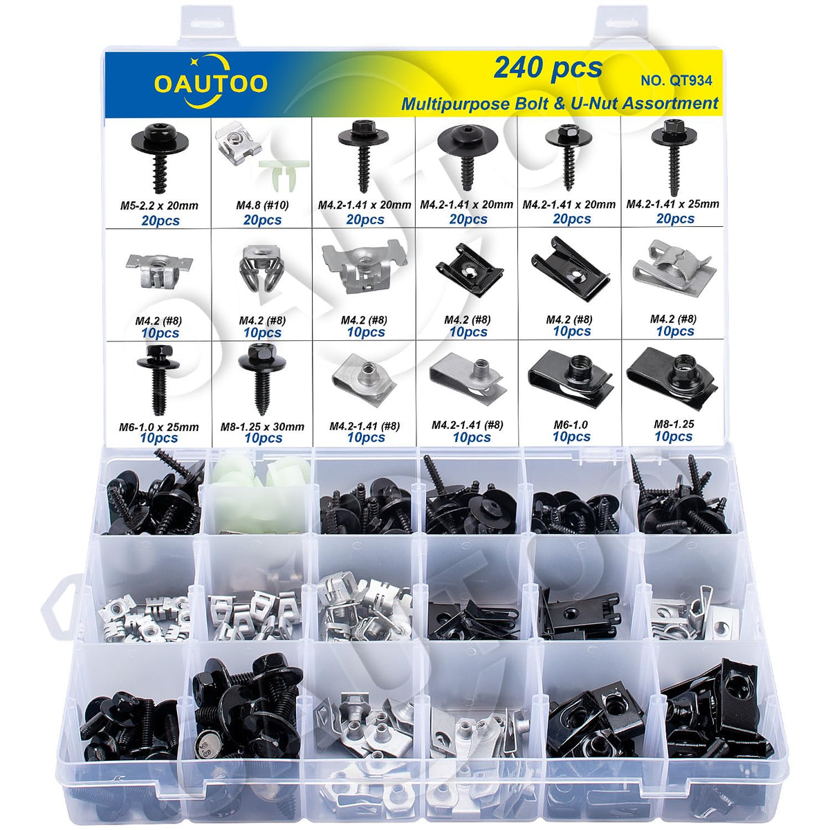 OAUTOO 240pcs bolt and U-nut kit in box for quick car repairs