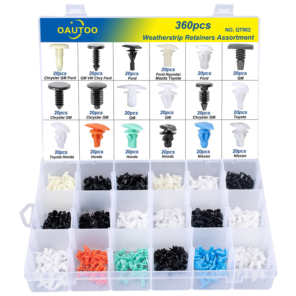 OAUTOO 360pcs weatherstrip retainer kit close-up showing durable nylon clips