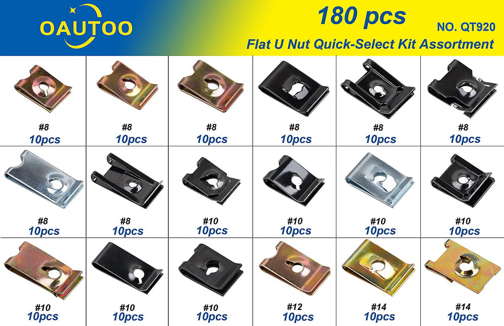 OAUTOO flat U nut kit sizes show M4.2 to M6.3 compatibility