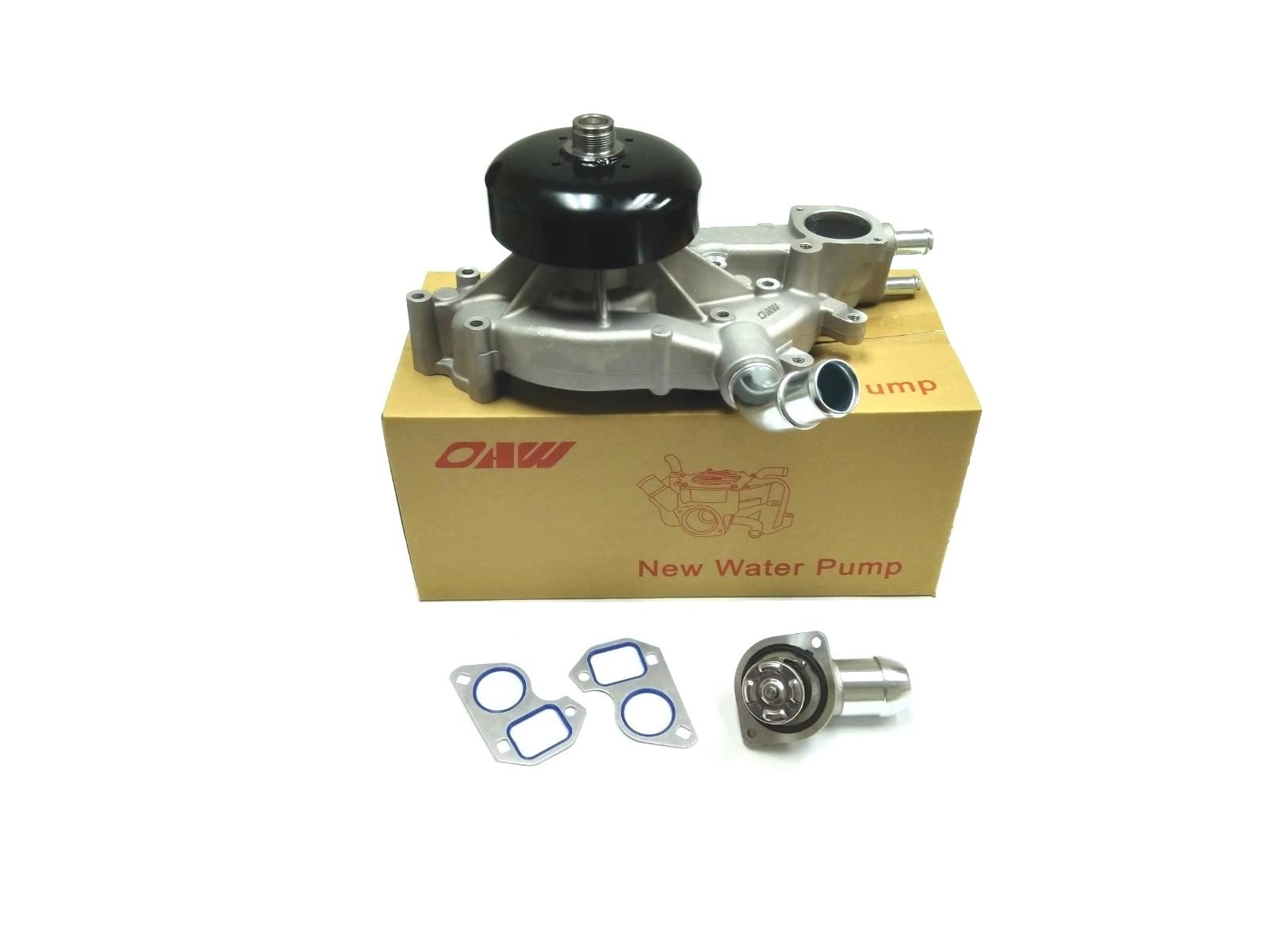 OAW G7341B water pump with thermostat front view highlighting robust build for GM engines