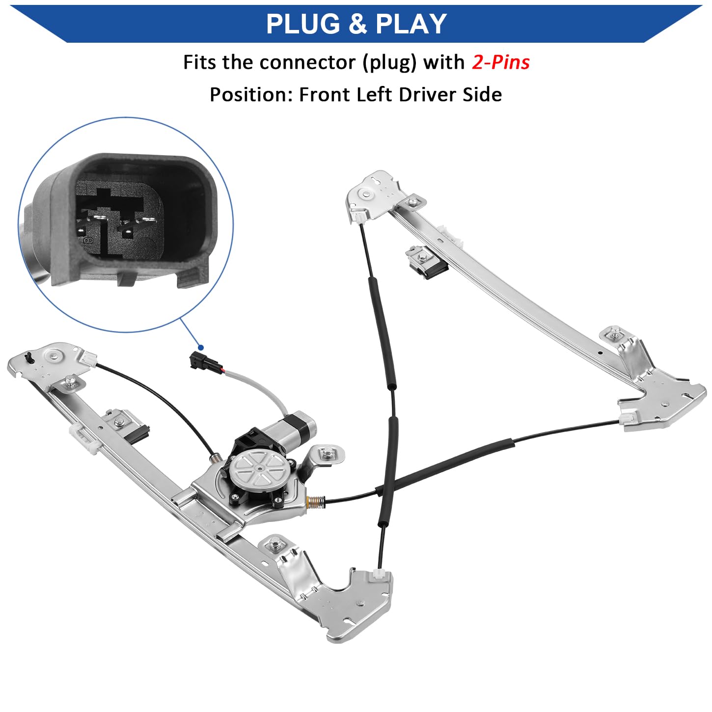 Obaee front-left regulator-motor with motor included for quick replacement.