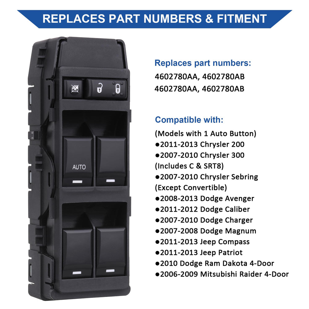 Obaee front-left switch installed in door panel, controlling all windows.