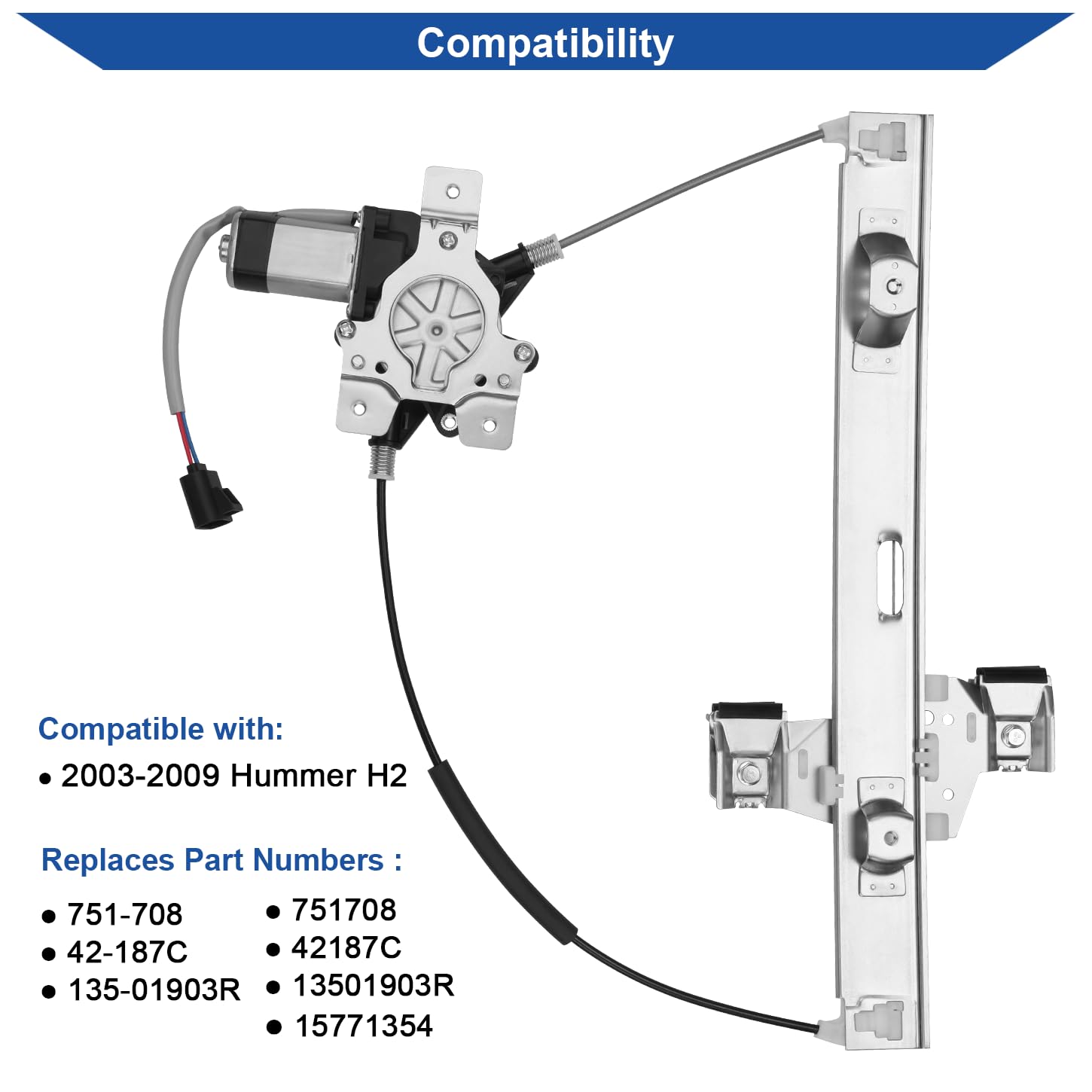 Obaee H2 window regulator motor replacement compatible with OE 751-708.