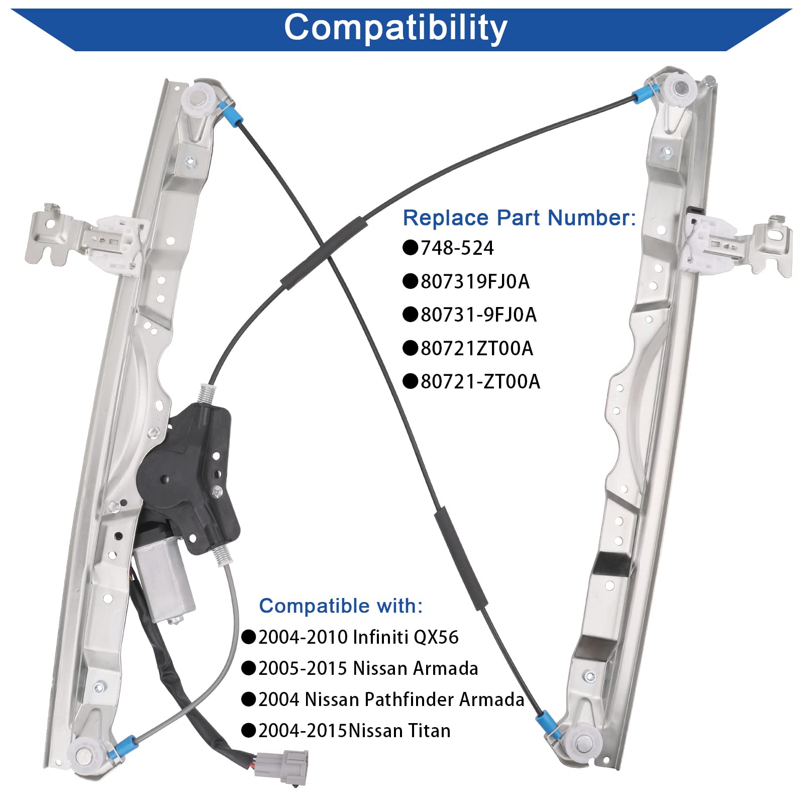 Obaee front-left regulator kit for Infiniti QX56 Armada Pathfinder improves window control.