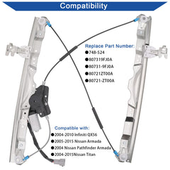 Obaee front-left regulator kit for Infiniti QX56 Armada Pathfinder improves window control.