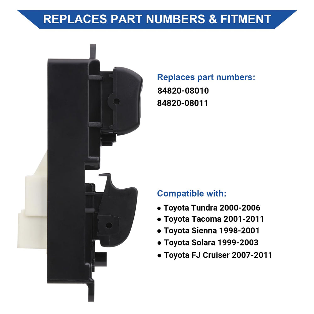 Obaee Master window switch 8-pin connector close-up demonstrates plug-and-play compatibility.