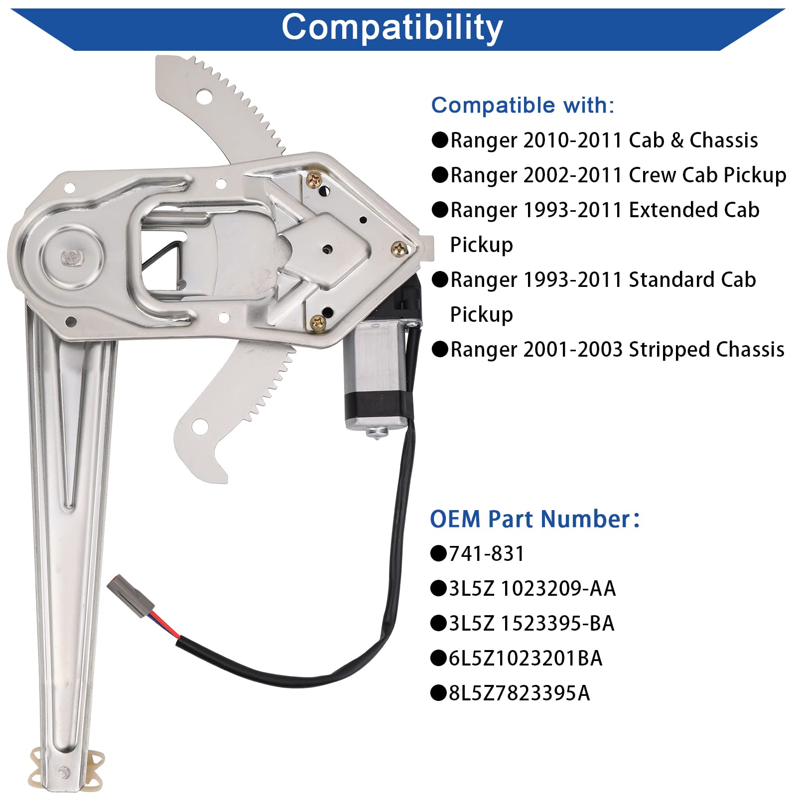 Obaee window regulator motor installed on left front for reliable power window lift.
