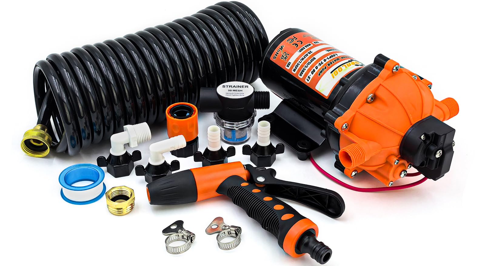OBALOGI 80PSI washdown pump kit assembly shows a ready-to-install system for boats and RVs.