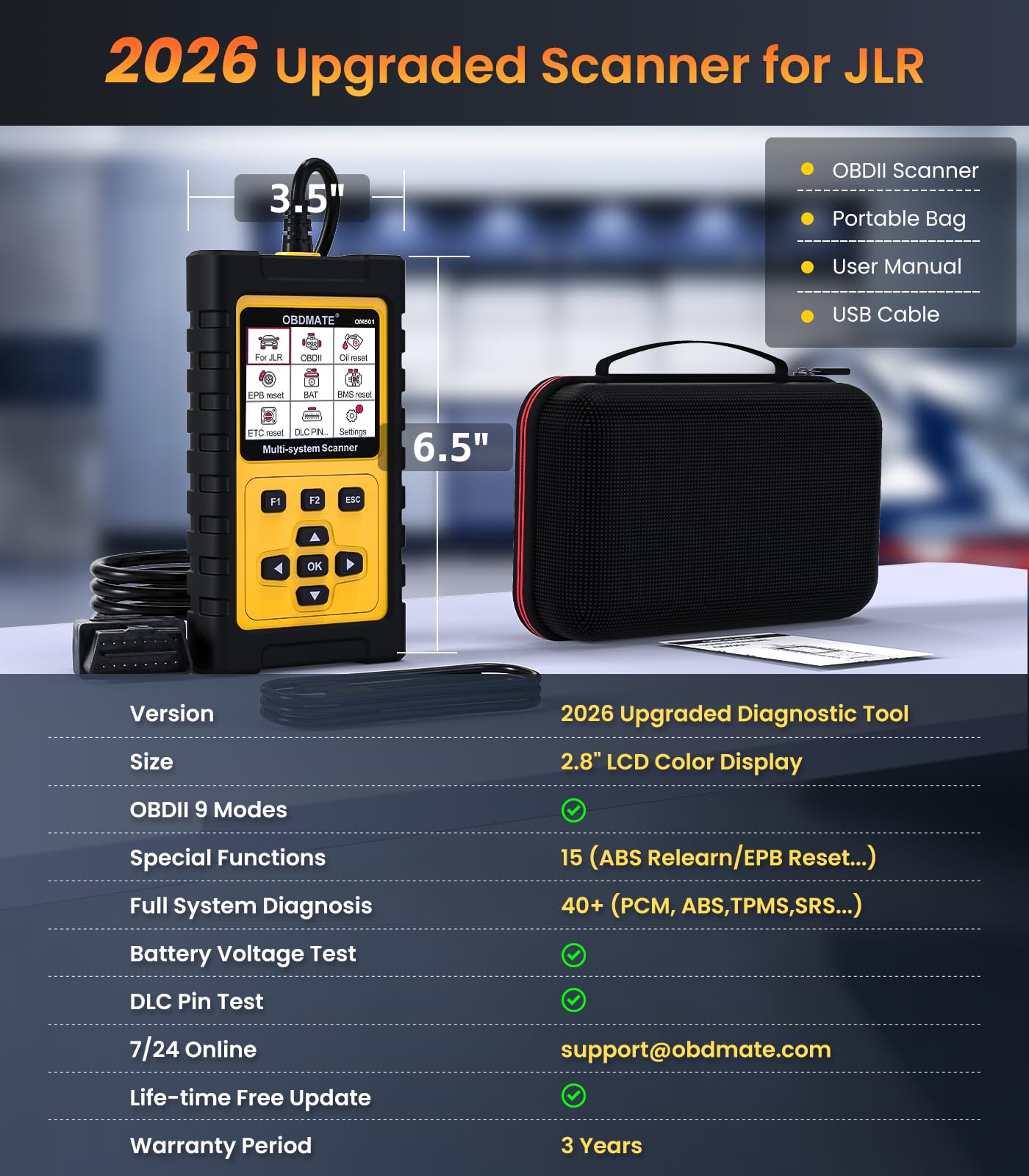 OBDMATE OM501 rugged carrying case keeping the device and accessories secure.