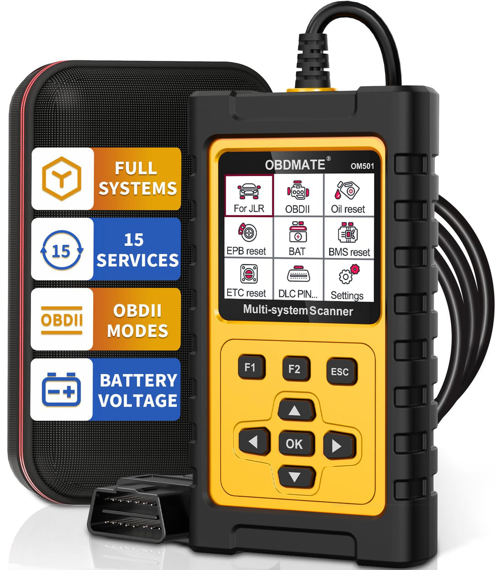 OBDMATE OM501 scanner front view, portable diagnostic tool for Jaguar and Land Rover owners.