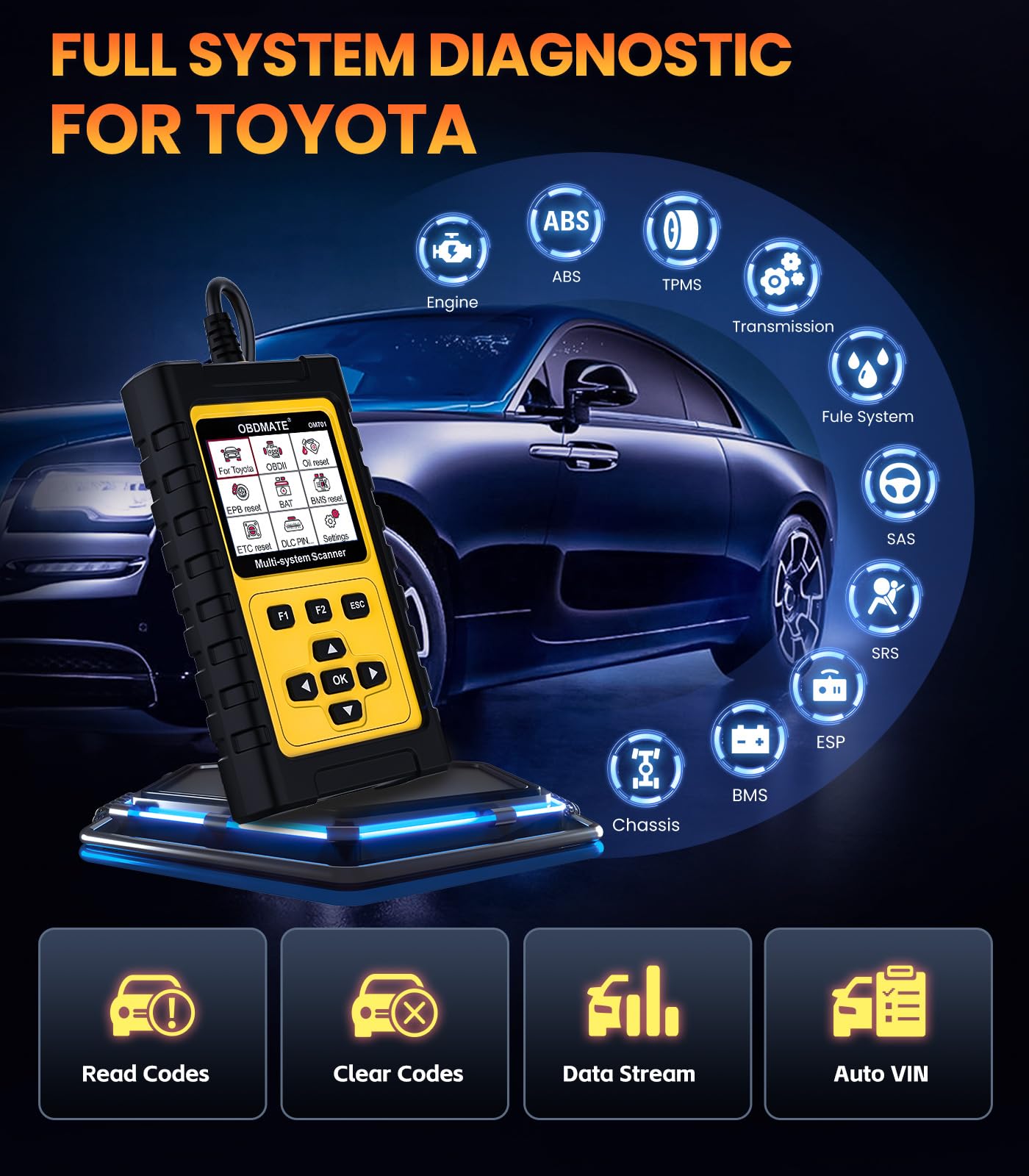 OBDMATE OM701 auto VIN scan with live data view supports quick vehicle checks.