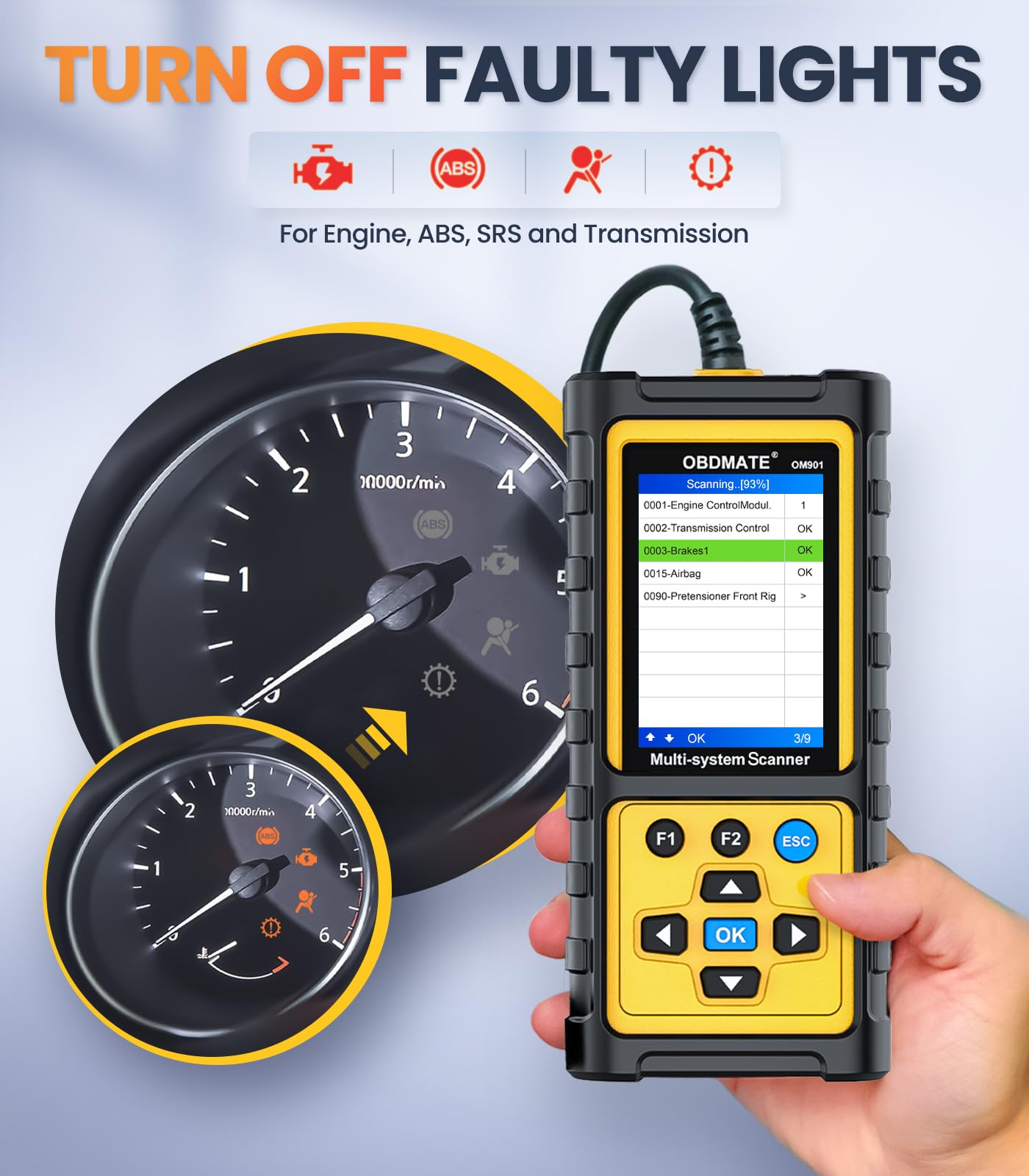 OBDMATE OM901 ABS/SRS diagnostics showing multi-system checks