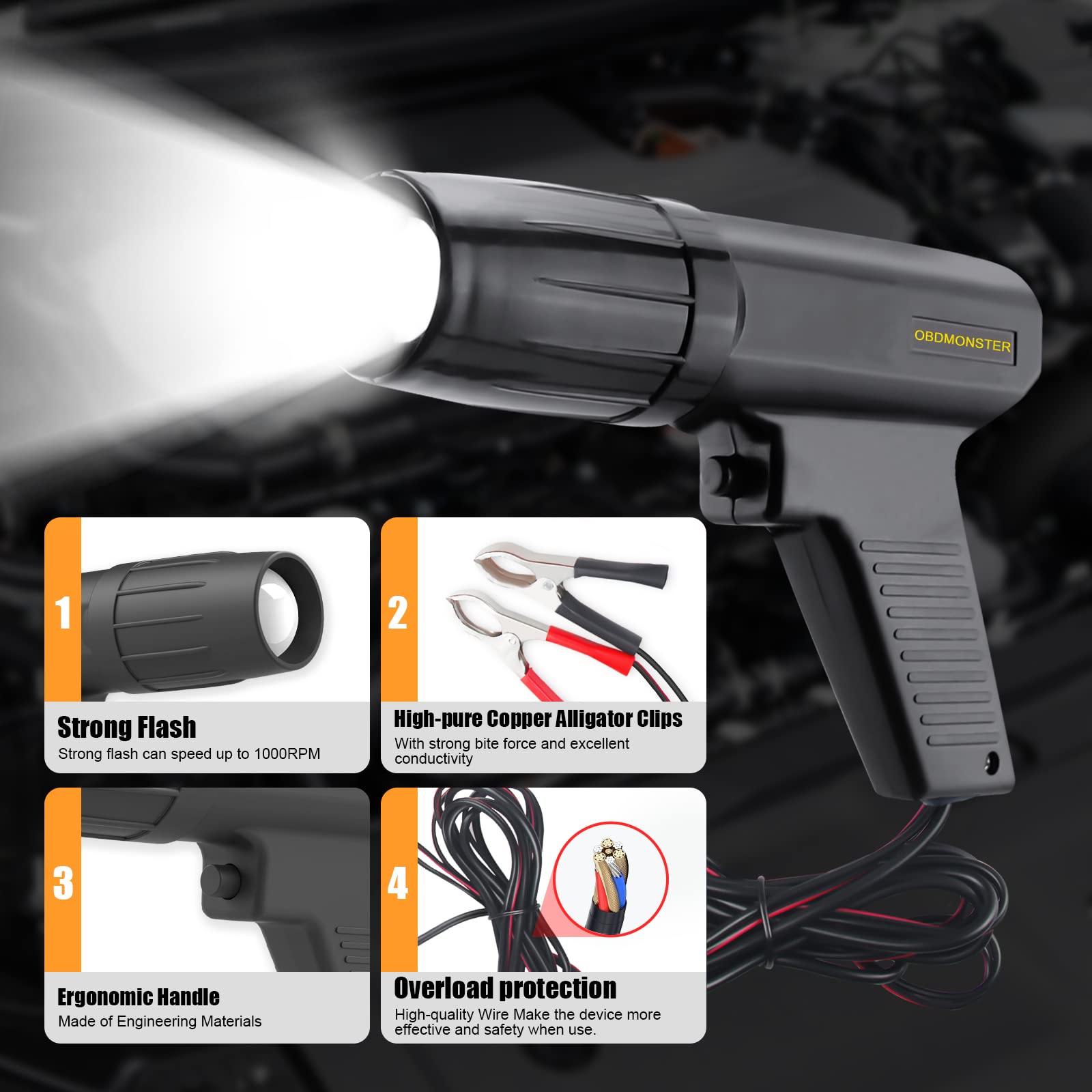 OBDMONSTER ignition timing light side view with inductive clamp ensures secure connection