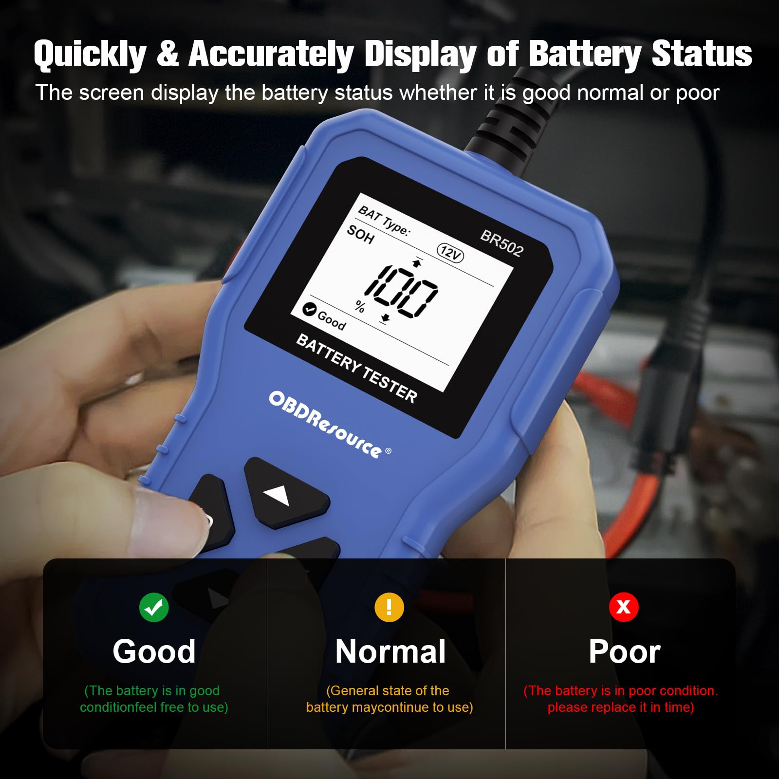 OBDResource BR502 supports 6V, 12V, and 24V battery types for versatile testing.