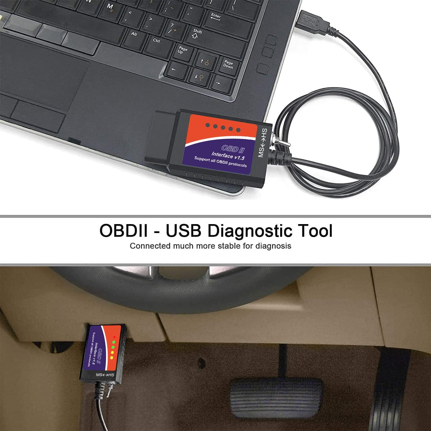 OBDResource ELM327 USB next to key for scale showing compact size and portability benefit