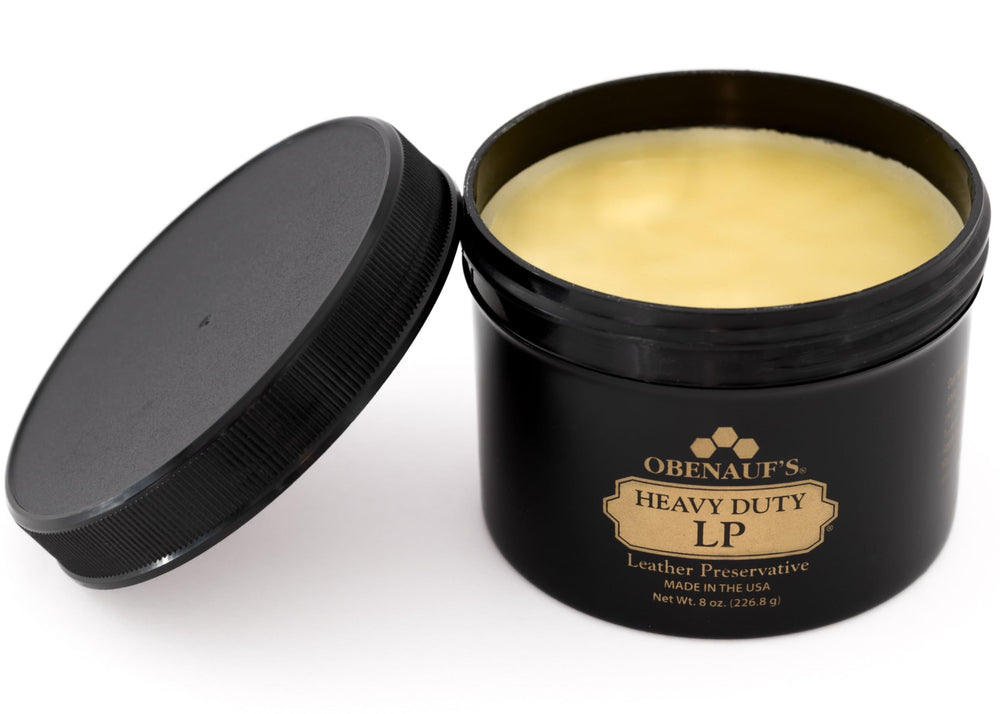 Obenauf's Heavy Duty LP conditioner bottle 8oz showing natural beeswax formula for durability.
