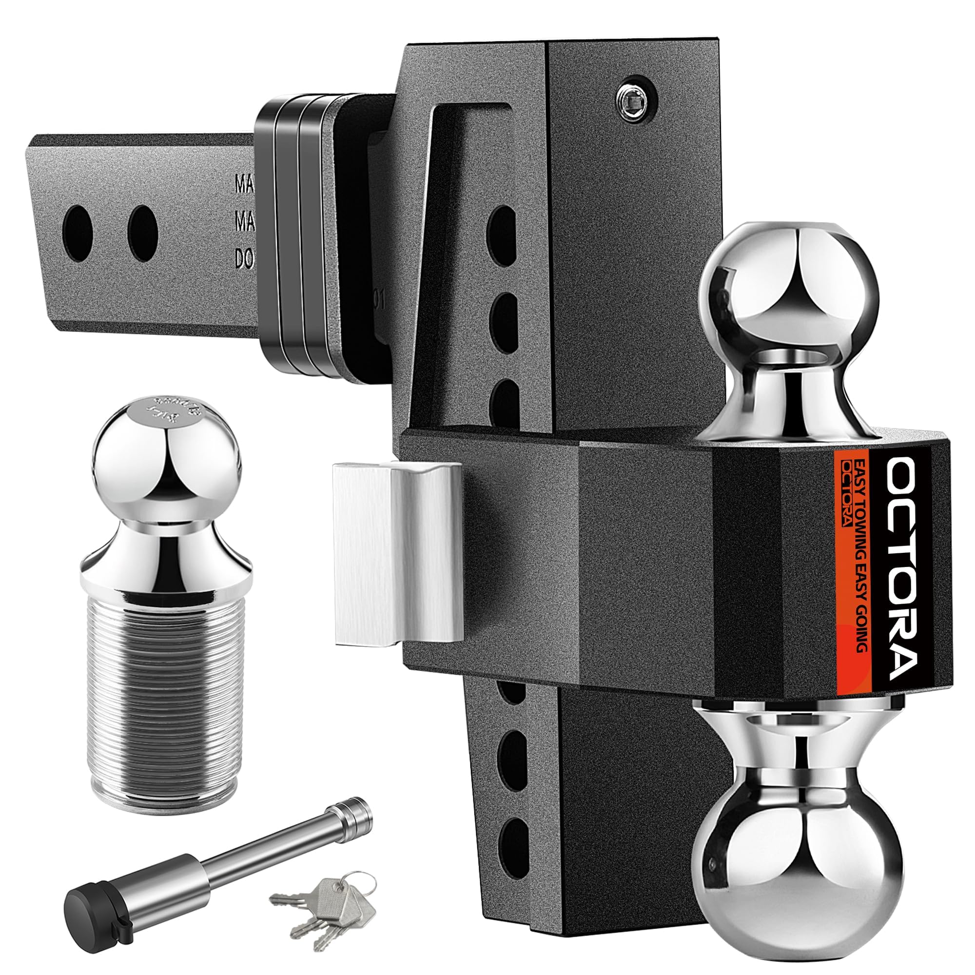 Octora adjustable trailer hitch ball mount with 6-inch drop for level towing.