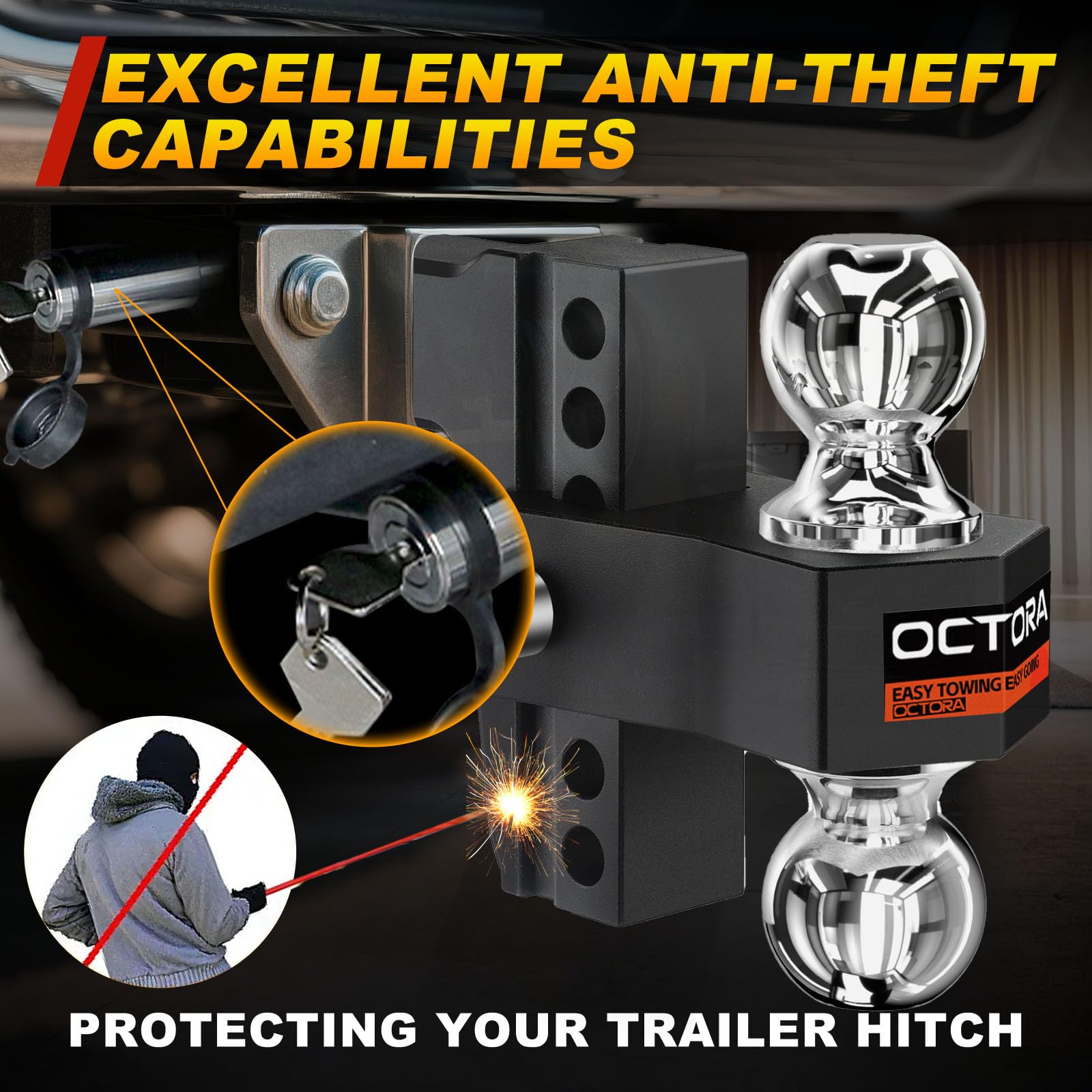 OCTORA anti-theft pins secure the hitch when parked.