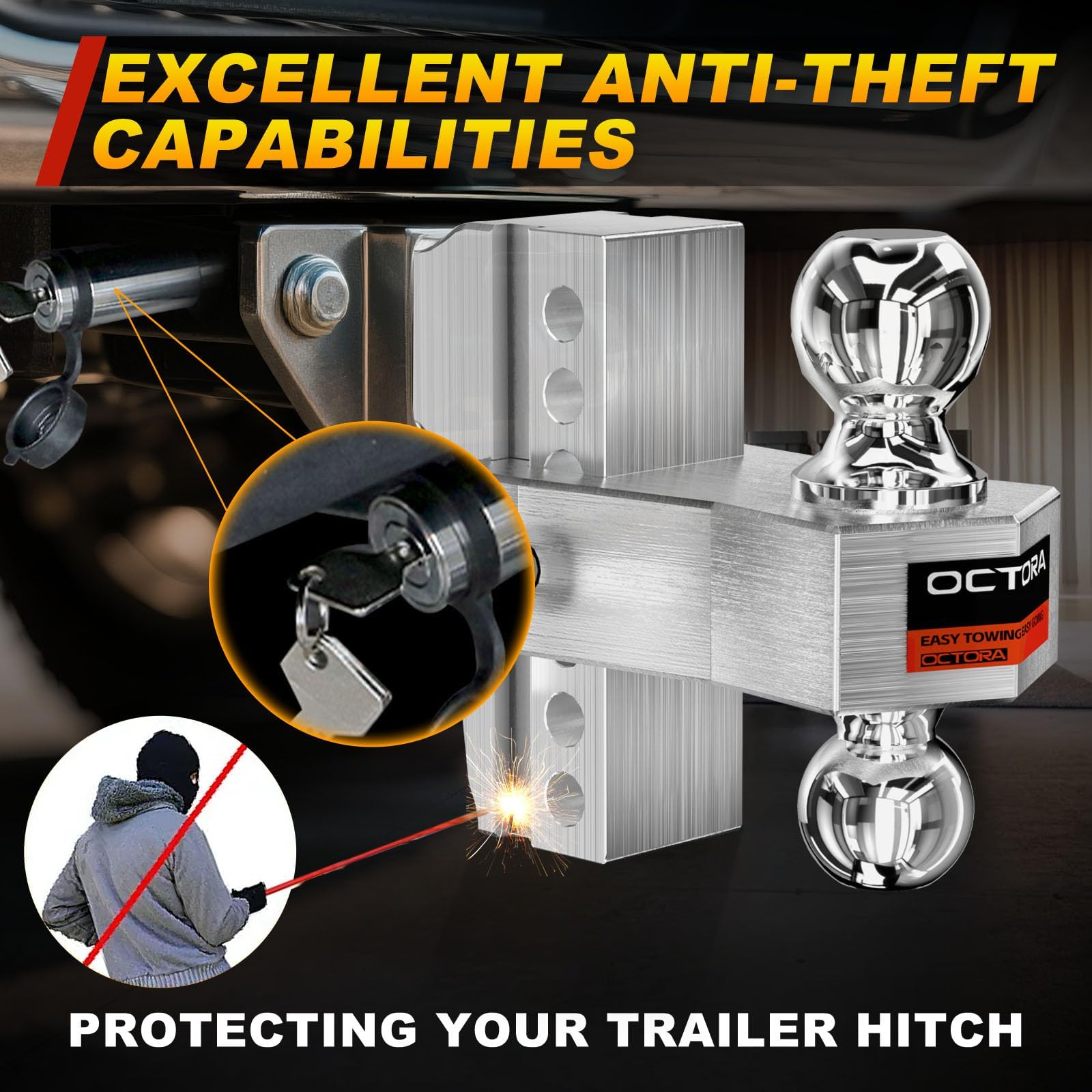 Octora solid tube hitch ensures sturdy mounting and smooth alignment with trailers.