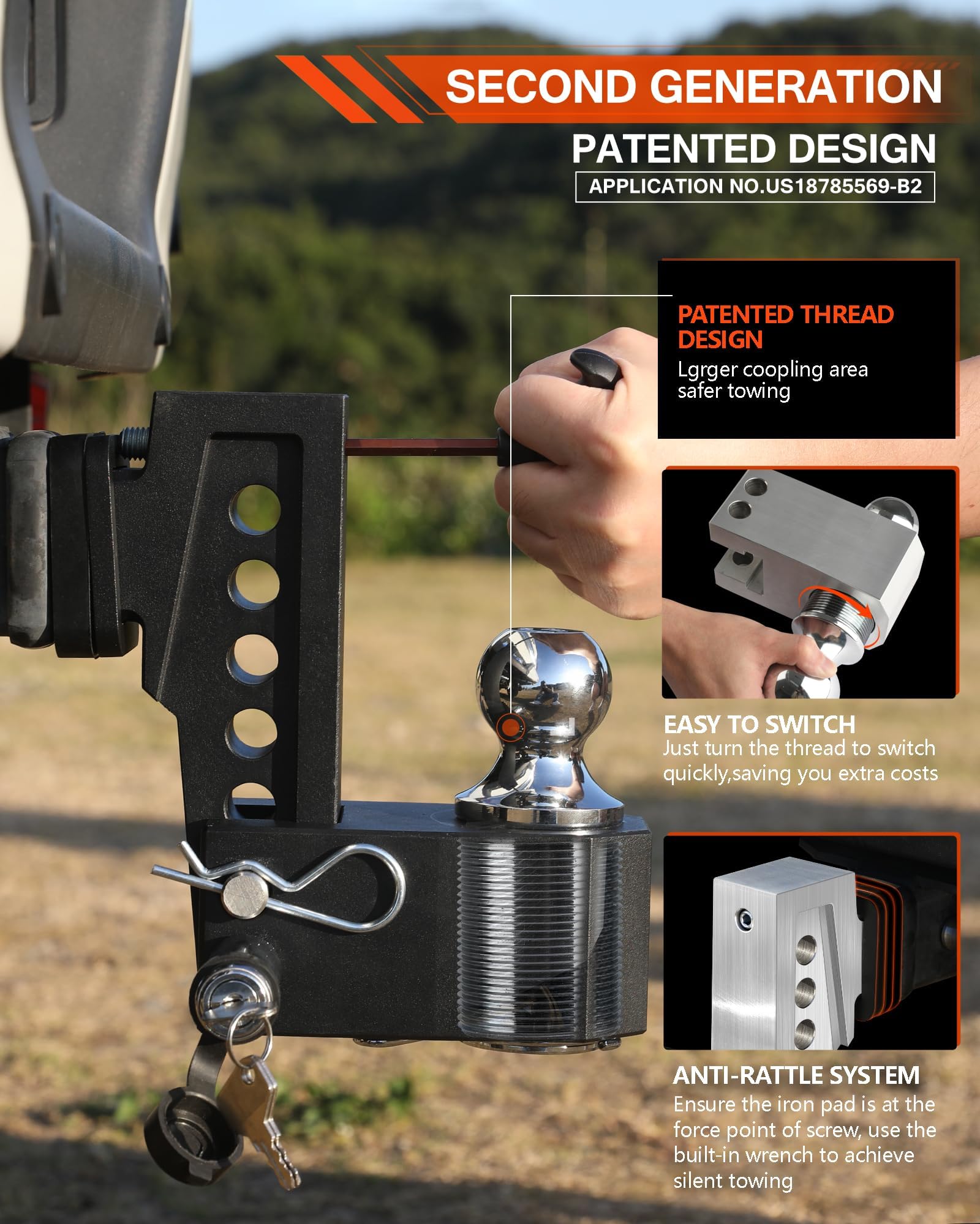 Octora triple-ball hitch showing 1-7/8, 2, and 2-5/16 sizes for versatility.
