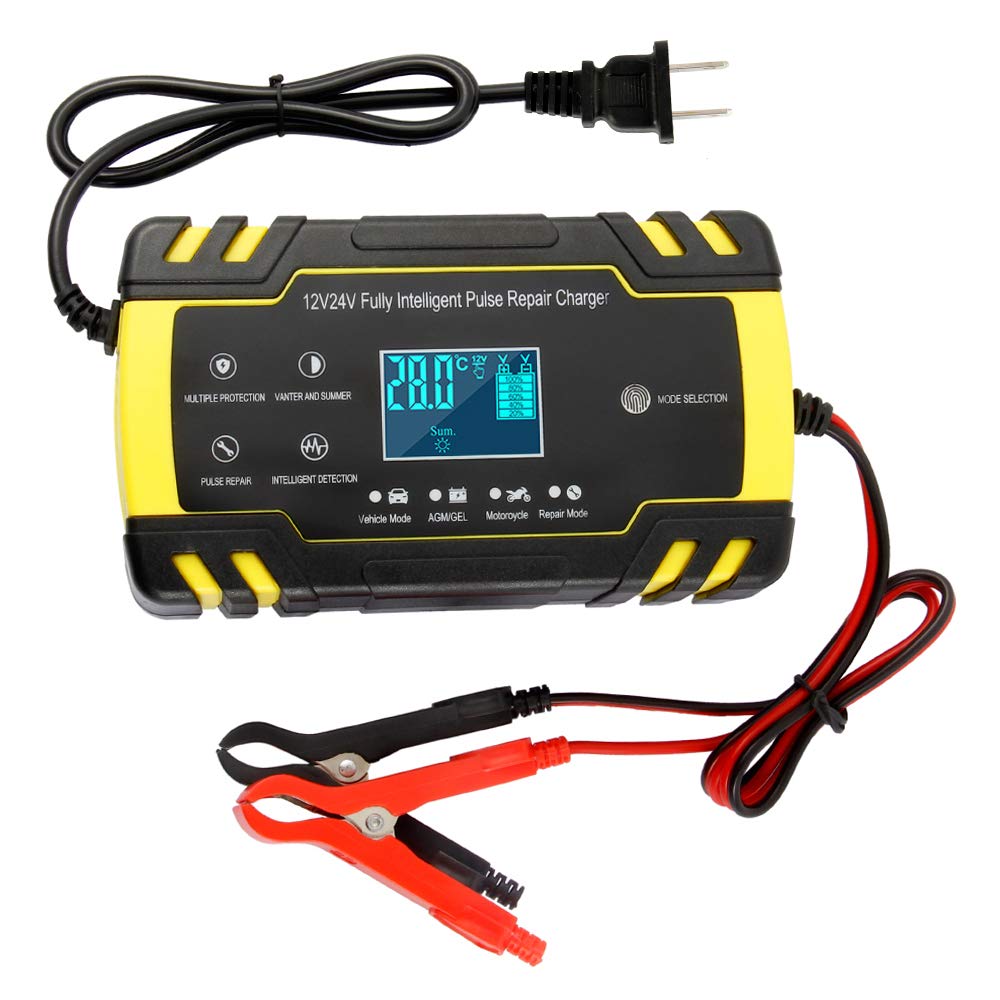 ODOMY automatic smart battery charger with LCD display for 12V and 24V vehicles.
