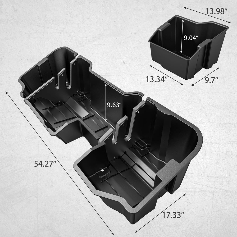 Black OEDRO under-seat storage box blends with interior for tidy storage