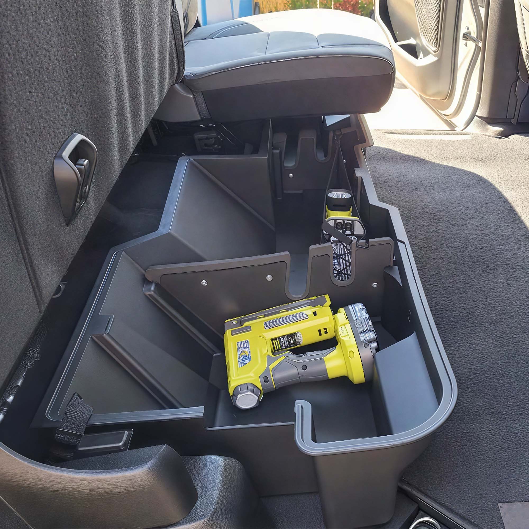 Two dividers organize long items for easy access in Ram 1500 under-seat box