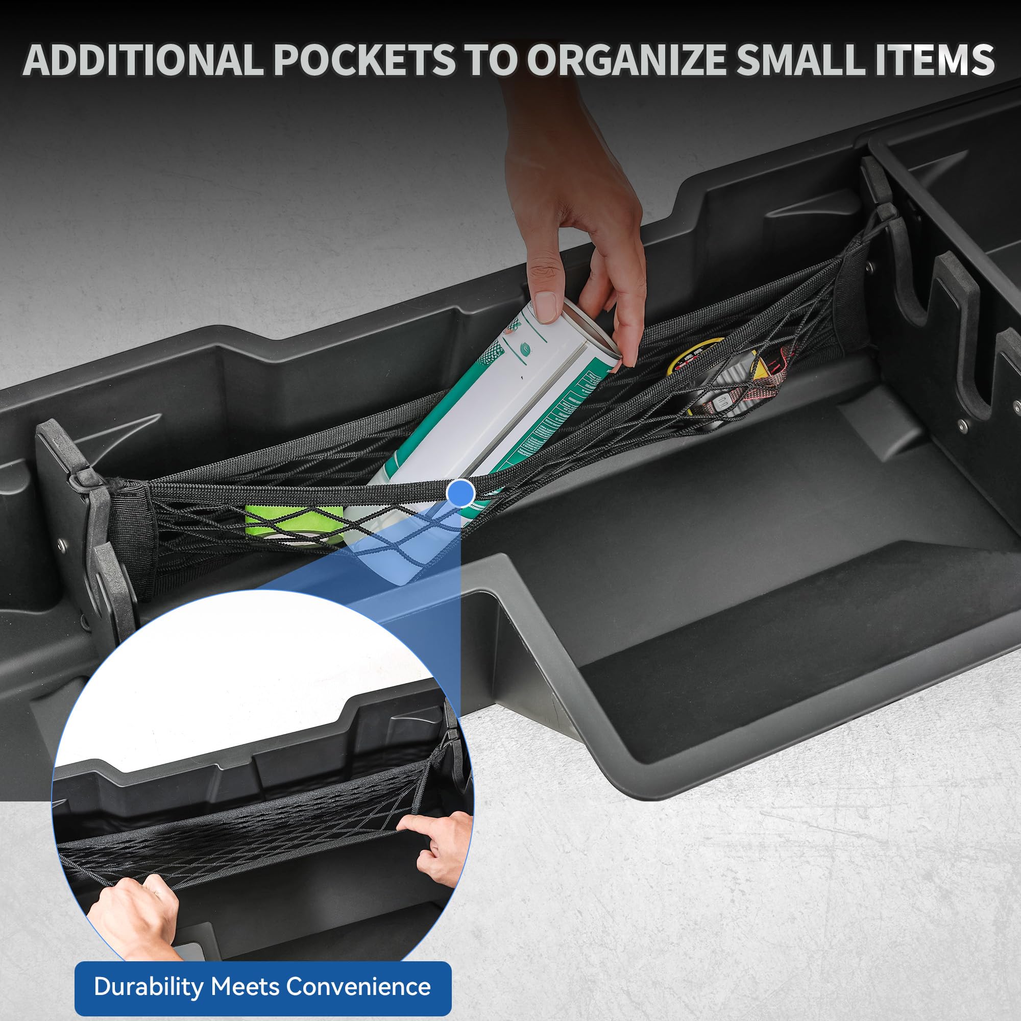 Nylon net keeps small items tidy inside the Ram 1500 under-seat storage
