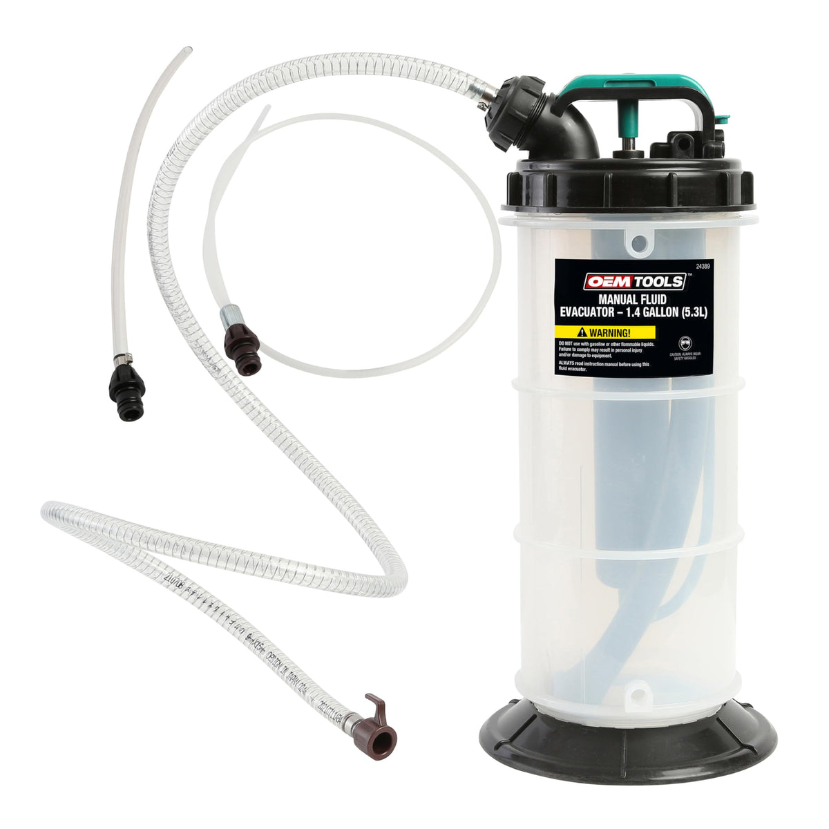OEMTOOLS 24389 manual fluid extractor pump shown in compact form for easy oil changes.