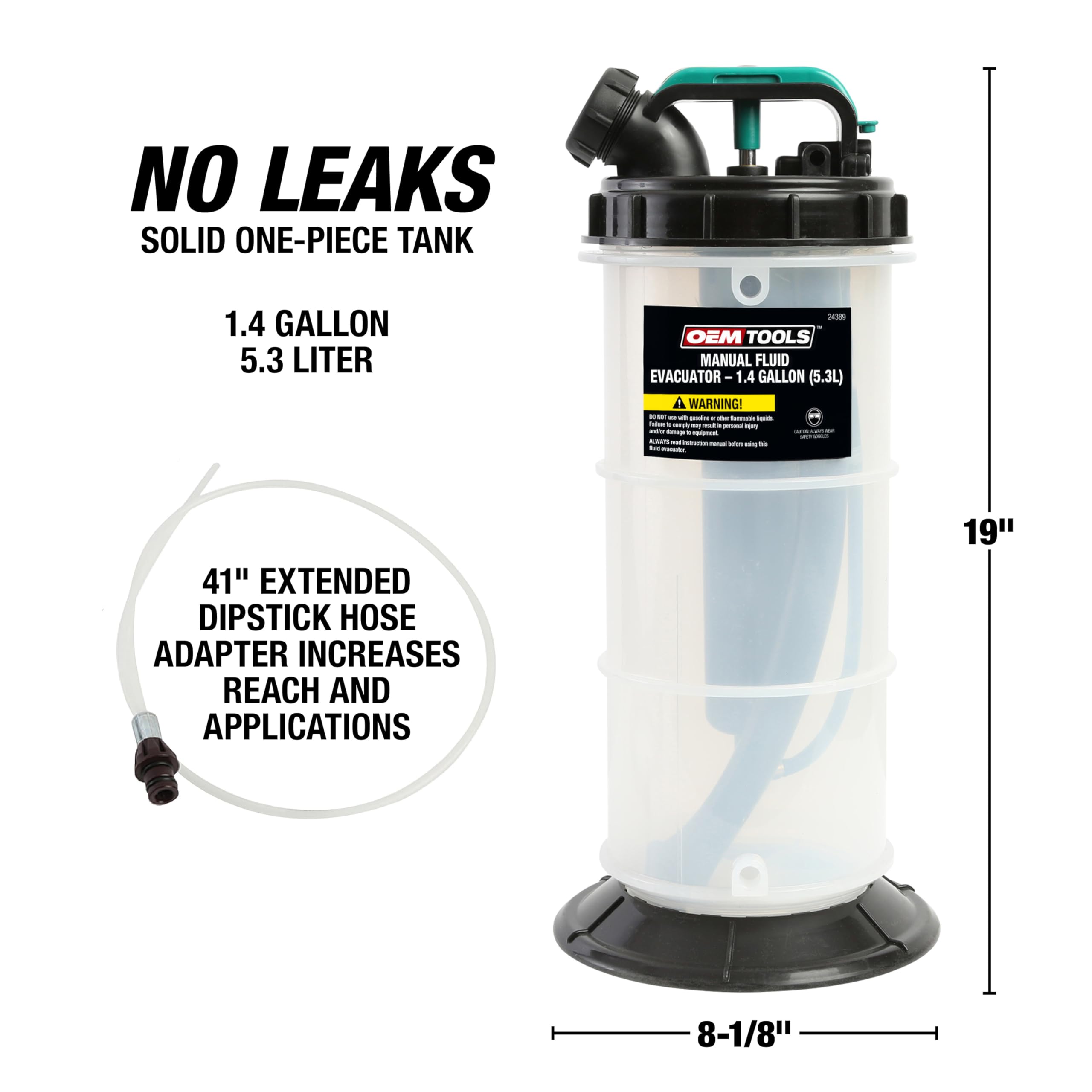 OEMTOOLS 24389 overflow shutoff prevents spills during extraction.