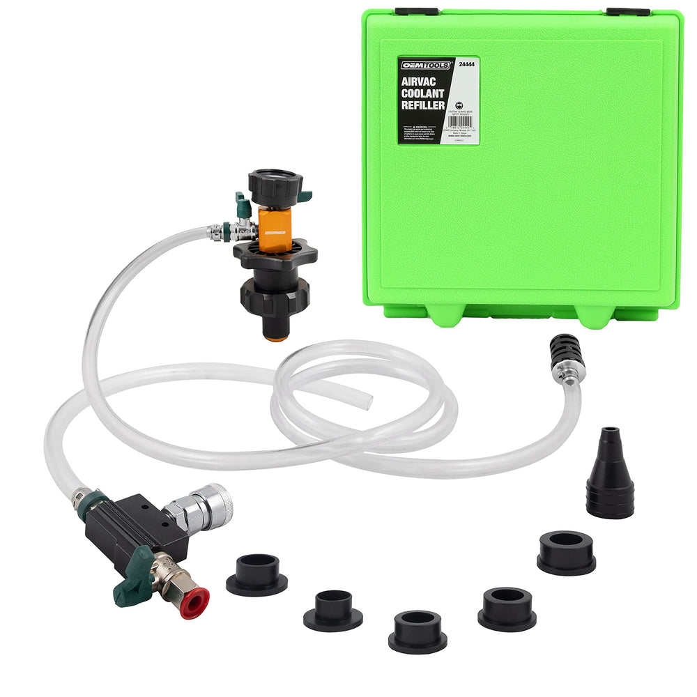 OEMTOOLS 24444 kit contents laid out for coolant vacuum refill and testing