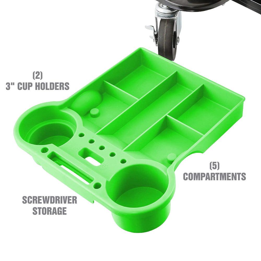 OEMTOOLS 24986 rolling creeper seat with 3-inch rubber casters on shop floors.