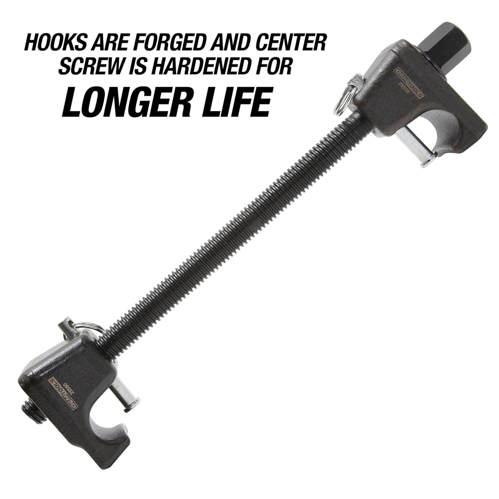 OEMTOOLS 25553 forged hooks with detent pins keep springs anchored.
