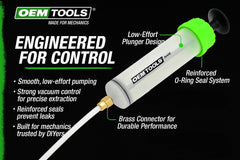OEMTOOLS 500cc fluid extractor side view highlights compact, portable design for tight spaces.