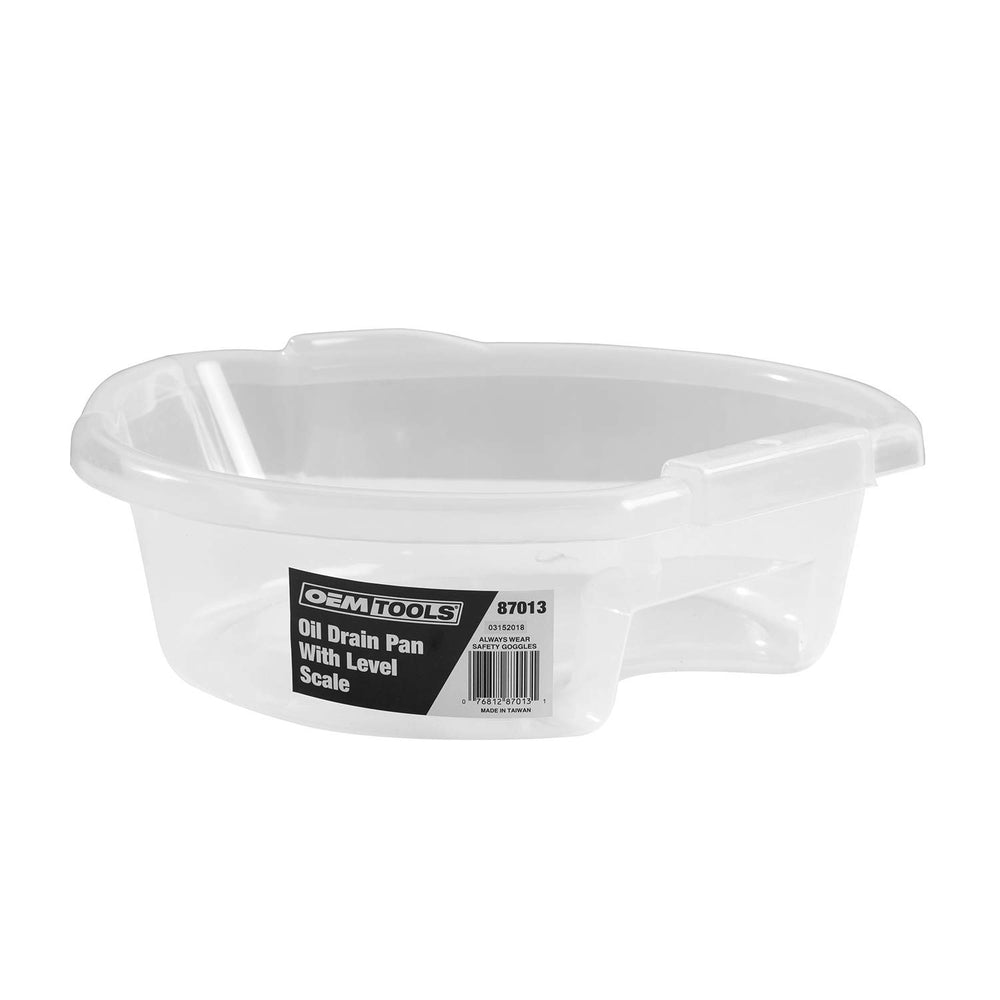 OEMTOOLS 87013 oil drain pan with clear view and level scale for accurate measurement.