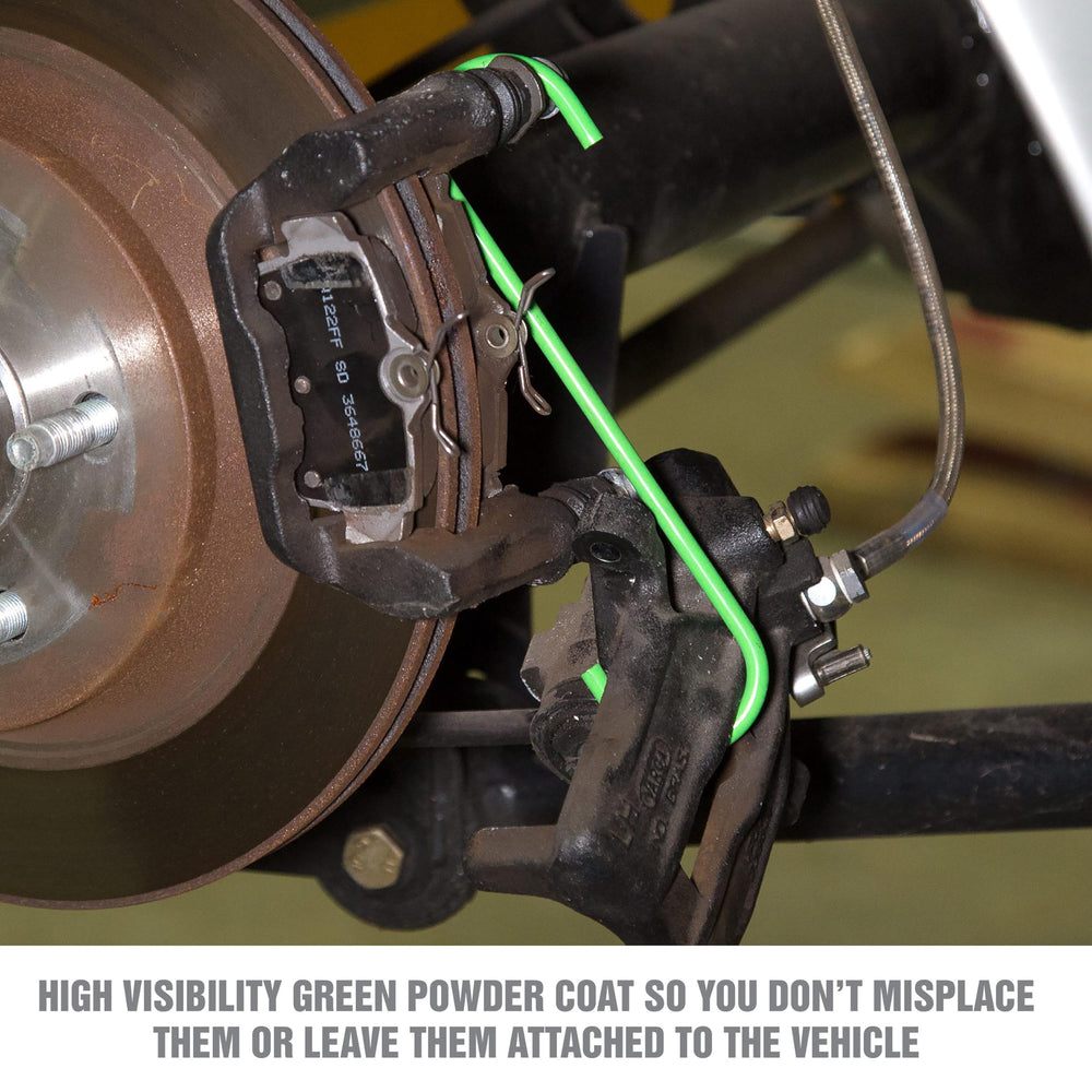 Safety-oriented OEMTOOLS caliper hooks in a mid-service setup