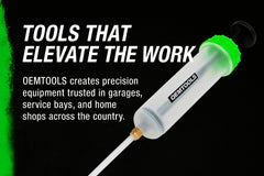 OEMTOOLS dual-scale cylinder close-up highlights qt and mL readings for precise filling.