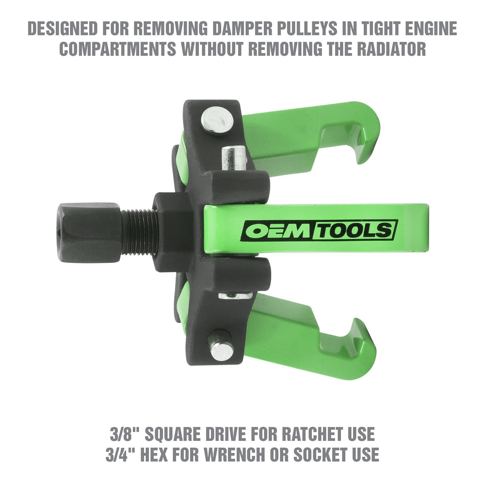 OEMTOOLS harmonic balancer puller spring jaws securely grip during setup.