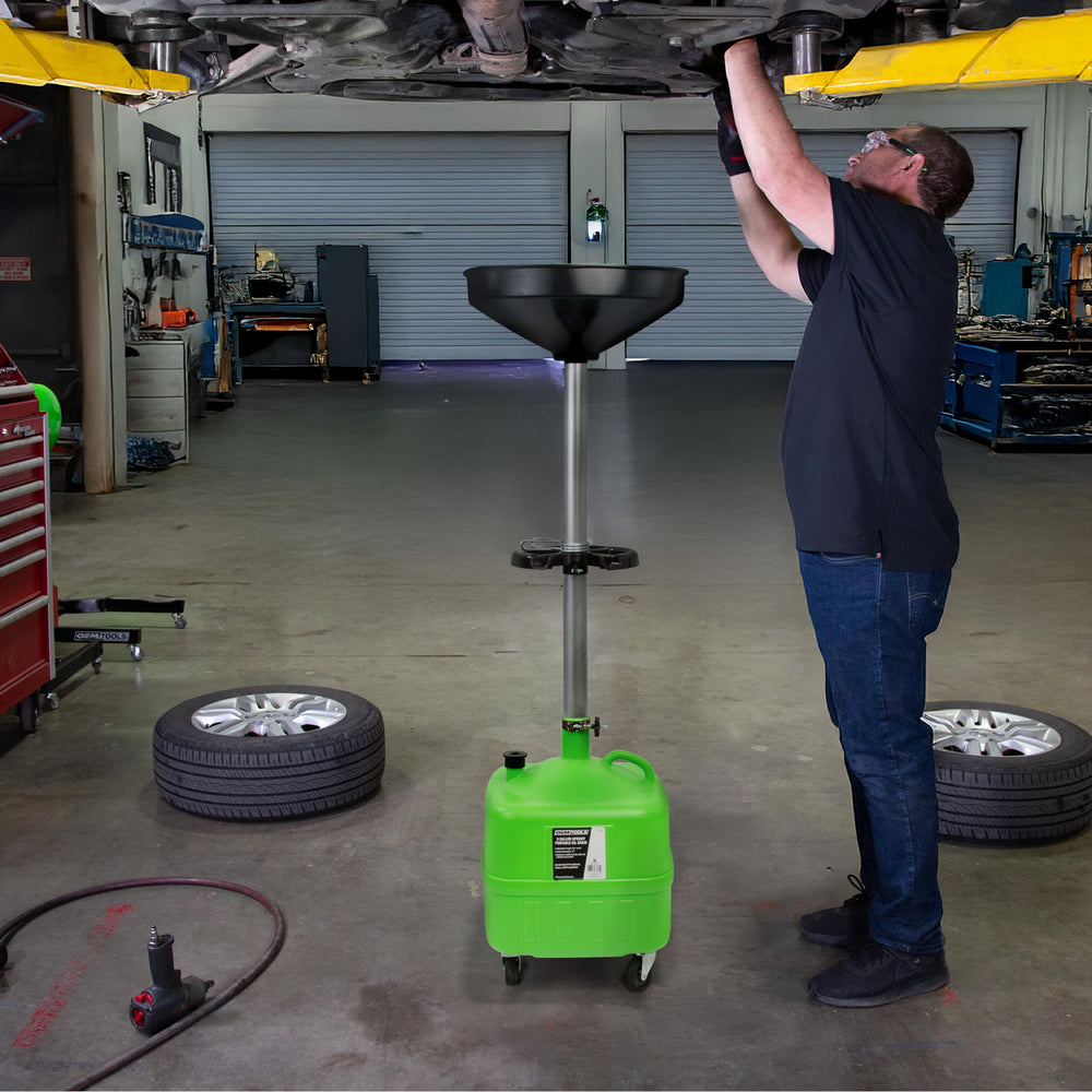 OEMTOOLS translucent tank shows oil level to help prevent overflows.