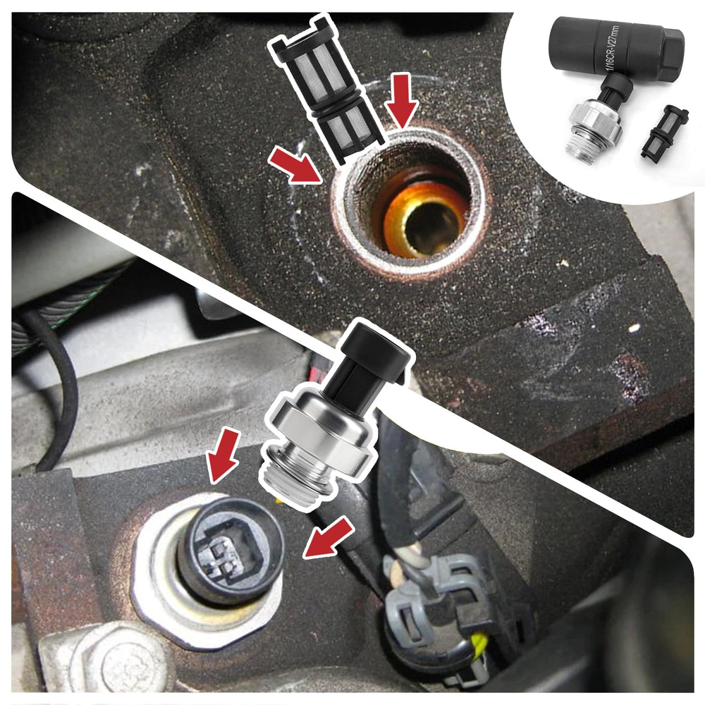 OEMUTA oil pressure sensor package includes sensor, socket, and filter screen.