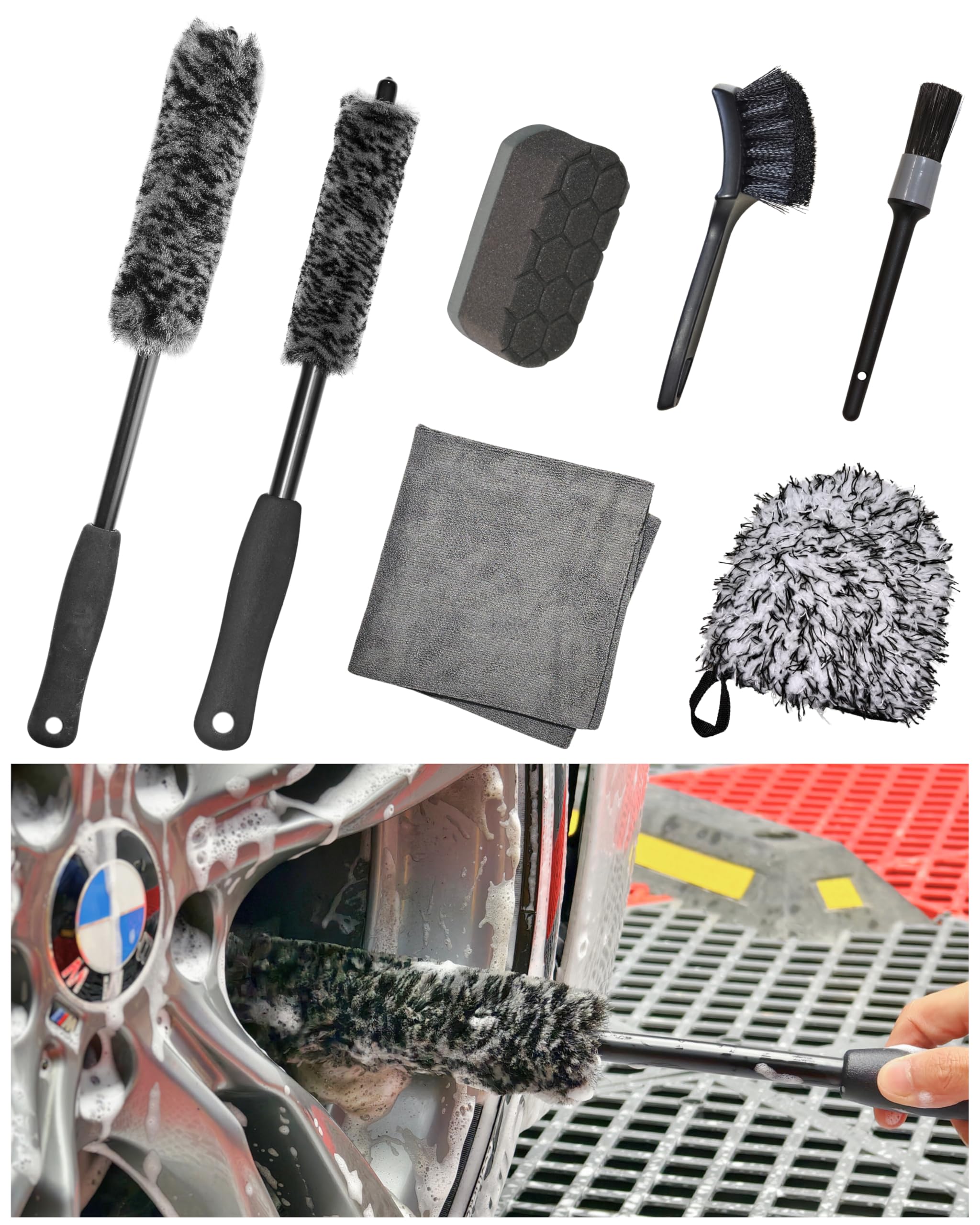oesee 7PCS wheel cleaning kit with large woolie brush safely removing grime from alloy wheels