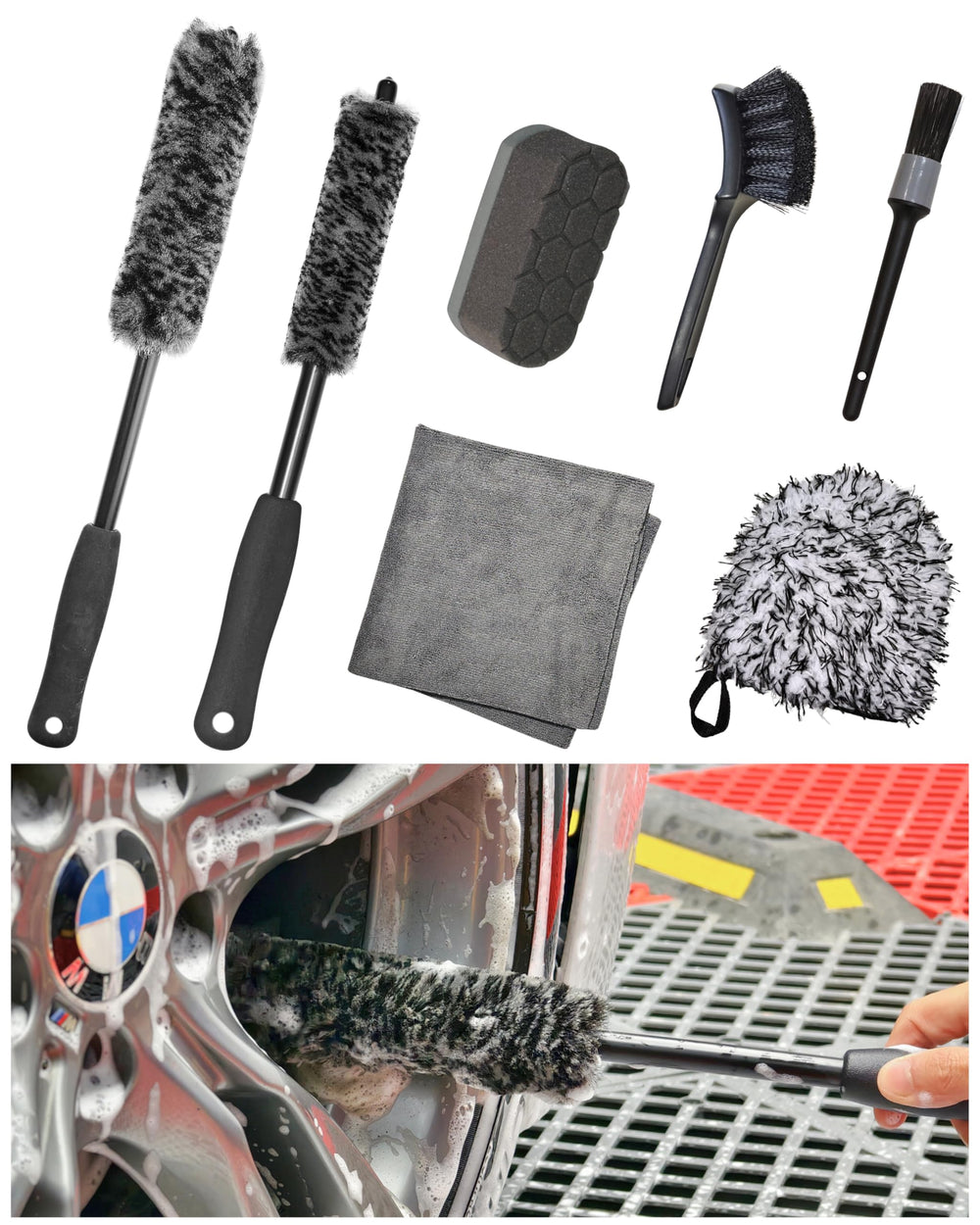 oesee 7PCS wheel cleaning kit with large woolie brush safely removing grime from alloy wheels