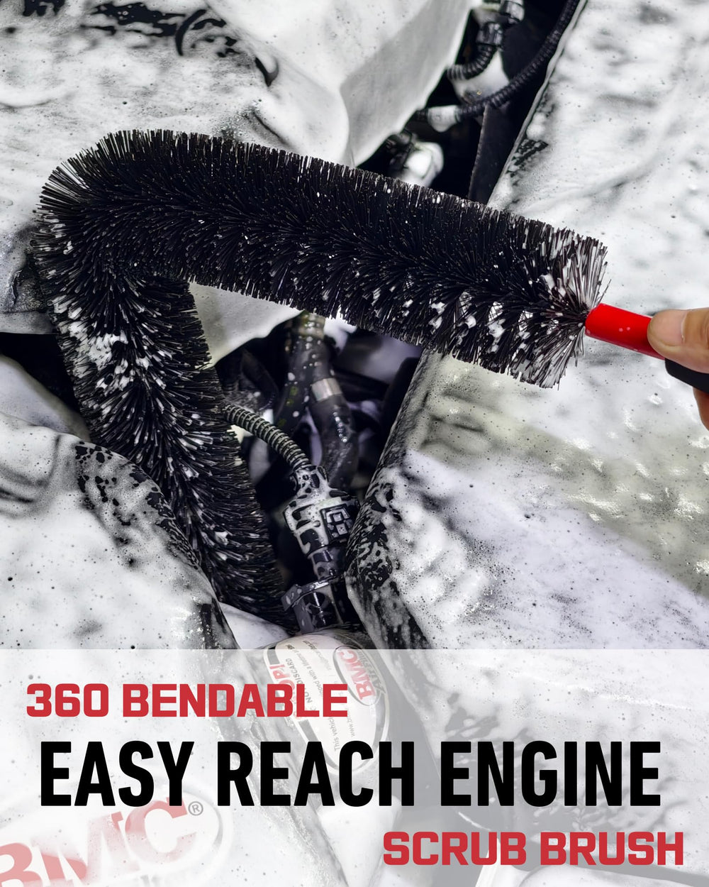 Oesee bendable brush reaching tight engine bay corners around hoses and wires
